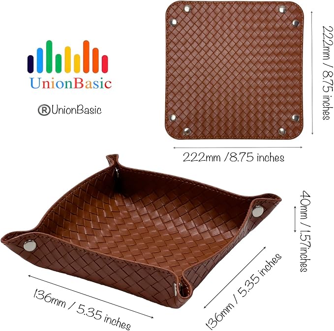 UnionBasic Small Valet Tray, Jewelry Tray for Rings Watches Earrings, Entryway Catchall Caddy for Coins Keys Change, Nightstand Bedside Valet Holder, Trays for Electronic Gadgets, Woven Leather Brown