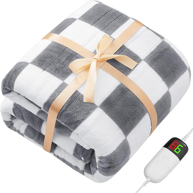 Heated Electric Blanket Throw, 50X60 Heating Blanket with 10 Heat Level & 8 Hour Auto Off for Lap, Light Gray Checkered Plaid Sherpa Blankets Warmer Gift for Couch Grandma Women Adults Washable