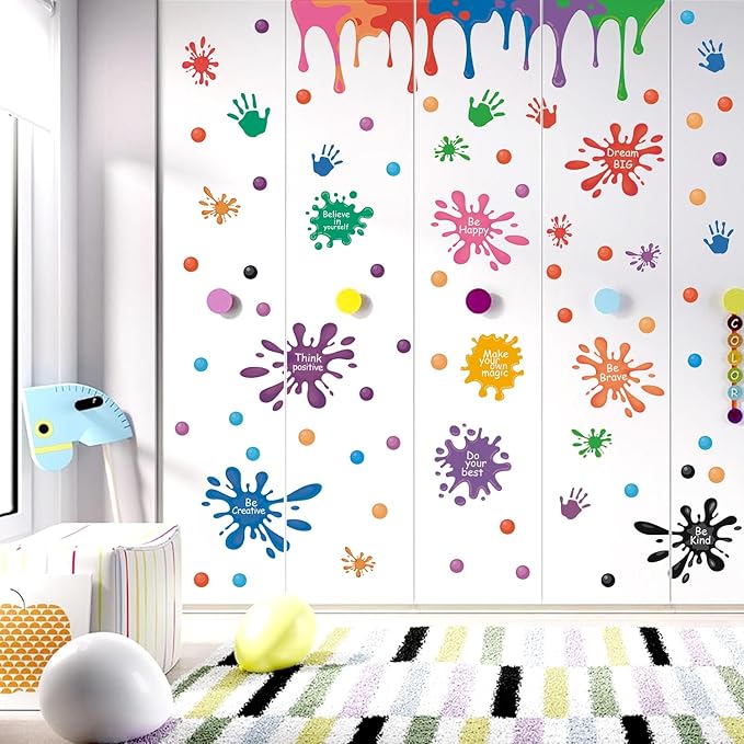 HLNIUC Large Size Inspirational Wall Decals 46PCS Positive Affirmation Ink Splatter Splotches Wall Sticker Growth Mindset Wall Decal Motivational Saying Peel and Stick Wall Stickers for Kid Playroom