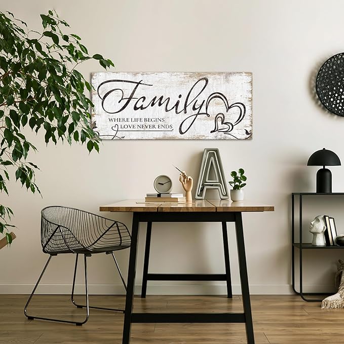 KREATIVE ARTS Large Home Family Wall Decor Rustic Home Sign Inspirational Quotes - Where Life Begins & Love Never Ends Canvas Wall Art Prints for Bedroom Living Room Kitchen 20x48 Inches