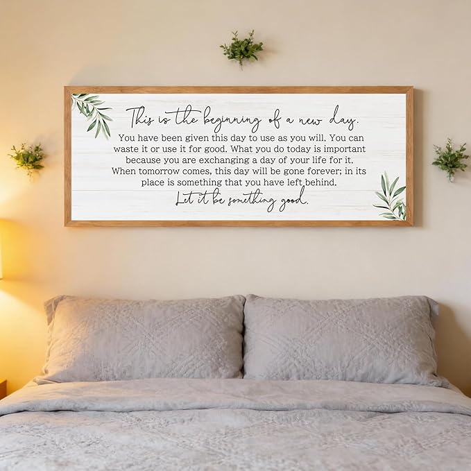 The Beginning of a New Day Wall Art – 40x15 Inch Wooden Framed Inspirational Sign with Motivational Message, Large Rustic Wood Frame Wall Decor for Living Room, Office, Entryway, Natural