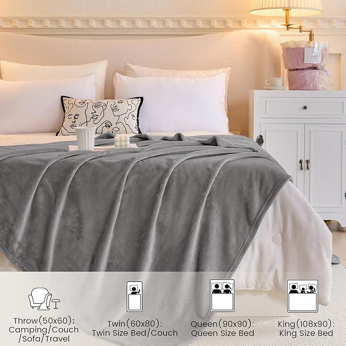 Twin Blanket for Bed, Flannel Fleece Warm Plush Cozy Blankets for Women, Sofa, Couch, Travel, Camping, 60" X 80", Light Grey