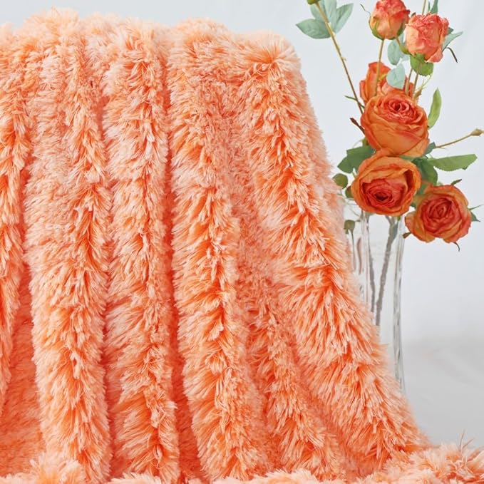 Plush Super Soft Blanket Bedding Sofa Cover Furry Fuzzy Fur Warm Throw Qulit Cozy Couch Blanket for Winter (63"x79",Orange and White)