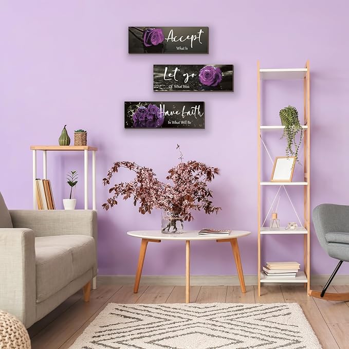 ZINYAZHE 3 Pcs Purple Wall Decor Inspirational Purple Bathroom Decor Wooden Rose Wall Art With Accept Let Go Have Faith Quotes For Girl Women Bathroom Bedroom Office(16 X 5Inch)