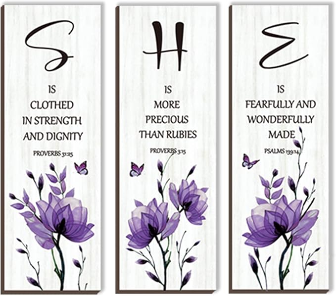 DONFENTHY 3 Pieces Inspirational Purple Floral Wall Decor Wooden Hanging Wall Art Christian Quotes SHE Word Sign Gift for Girl Teen Women Bedroom Bathroom Living Room Nursery Office (Purple 12x4 Inch)