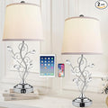 24.5in Modern Table Lamps - Set of 2, Silver with 2 USB Charging Ports, White Bedside Lamps for Nightstand, Unique Vine Leaf Design for End Table Reading