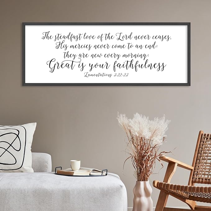 The Steadfast Love of The Lord Wall Decor 32"×12" Lamentations 3:22–23 reat Is Thy Faithfulness Sign Bible Verse Scripture Large Christian Religious Wall Hanging Art (Black)