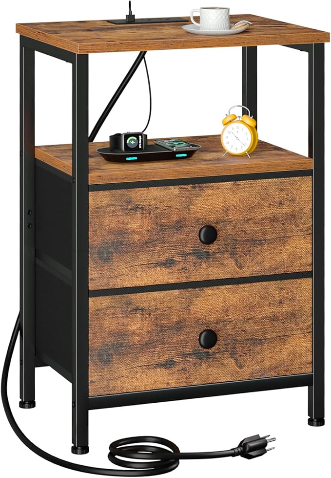 Night Stand with Charging Station, Small Bedside Table with 2 Fabric Drawers, Nightstand with USB Ports & Outlets for Bedroom, Living Room, Brown, HETS020BR-1