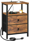 Night Stand with Charging Station, Small Bedside Table with 2 Fabric Drawers, Nightstand with USB Ports & Outlets for Bedroom, Living Room, Brown, HETS020BR-1