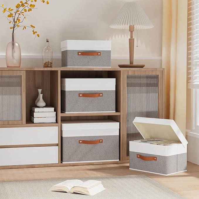 Fabric Storage Bin, Storage Basket with Lids, Closet Organizer Box with Handles for Shoes Books Towels, White and Grey, 1 Pack, 13 x 9.1 x 7.9 Inch