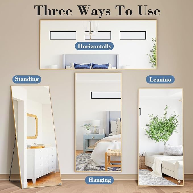 Mirror Full Length, Upgraded Body Wall Mirrors with Shatter-Proof Glass, Floor Standing, Hanging or Leaning, Tall Mirror with Stand Aluminum Alloy Frame for Bedroom