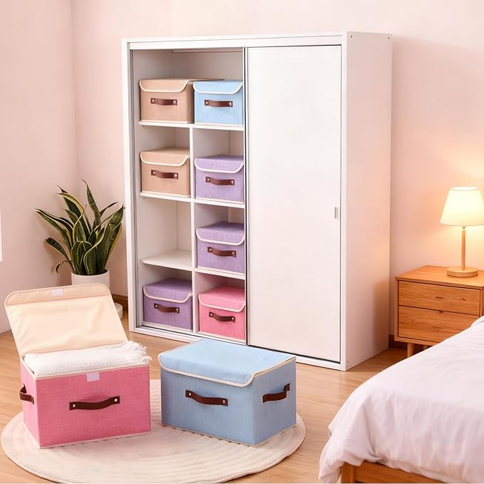 Storage Boxes with Lid Cotton Linen Fabric Storage Bins Organizer Container Decorative Collapsible Washable Shelf Baskets Faux Leather Handles for Home Bedroom Closet (Pink, Small)
