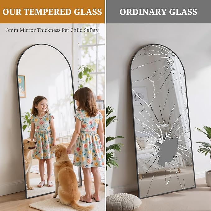 Full Length Mirror 65"x24" Full Body Mirror Arched Free Standing Wall Mounted Leaning Floor Mirrors with Stand Aluminum Alloy Frame for Bedroom Cloakroom, Black