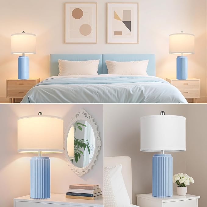 TOBUSA 23.5’’ Sky Blue Farmhouse Table Lamps for Living Room Set of 2, Modern Elegant Ceramic Bedside Nightstand Lamps with White Linen Shade for Bedroom, Coastal Lamps Set for Study Home Office