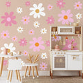 TaoBary 12 Sheet Daisy Wall Sticker Decal Removable Cute Daisy Bedroom Room Decor Flower Wall Sticker Pink White Flower Decal Wallpaper Peel and Stick for Nursery Home(Pink Color,Vibrant Style)