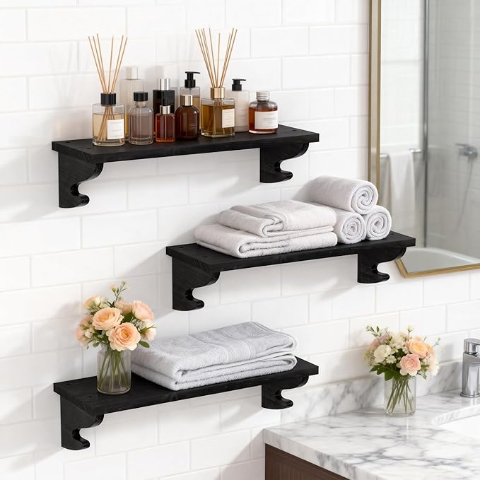 Alsonerbay Black Floating Shelves for Wall 3 Pack, 17 inch Solid Wood Shelves Wall Mount with Hook, Decorative Hanging Shelves for Bedroom Living Room Nursery Office and More