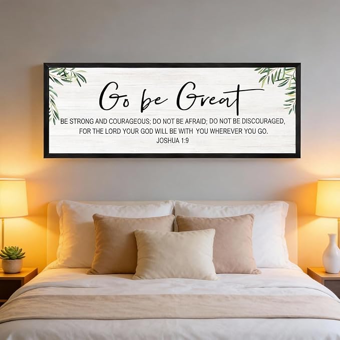 Go Be Great Wall Decor: 40x15 Inch Large Framed Bible Verse Wall Art, Joshua 1:9 Scripture Sign, Christian Wall Decor for Bedroom Living Room, Black Wooden Frame, Natural, Black