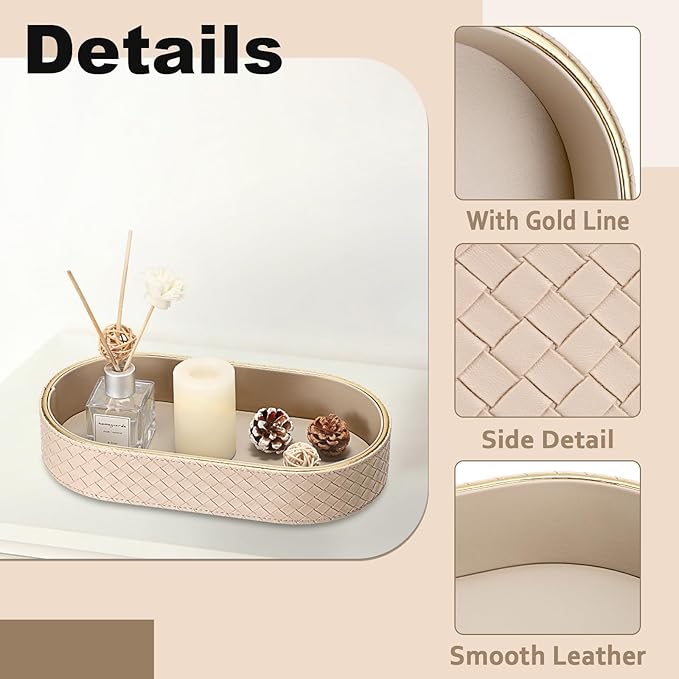 Hipiwe Perfume Trays PU Leather Vanity Tray for Dresser Bathroom Valet Trays Oval Desk Tray Jewelry Dish Holder Decorative Catchall Trays Nightstand Organizer, Beige