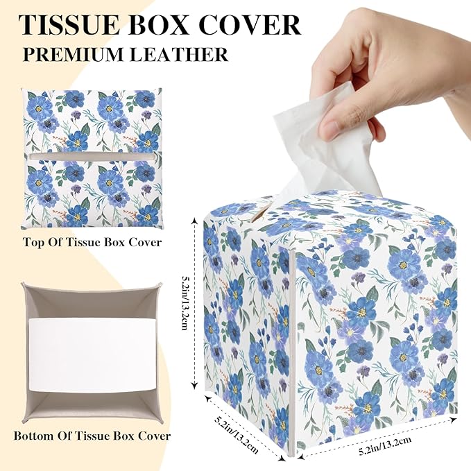 Blue Flowers Tissue Box Cover, Blue Floral Tissue Holder Square with Bottom Belt for Home Bathroom Office Vanity Countertop, Housewarming Gifts Ideas for Women Friends Mom Bestie -05