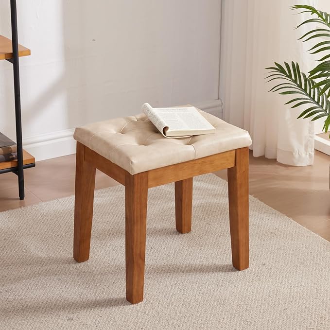 Upholstered Ottoman Stool with Padded Seat, Tufted Vanity Stool with Solid Wood Legs, Accent Stools, Faux Leather Ivory