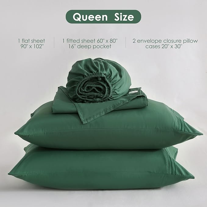 JSD Hunter Green Queen Sheet Set with Side Pocket Corner Straps, 4 Piece Soft Microfiber Bed Sheets Extra Deep Pocket