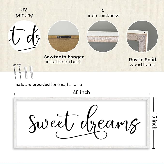 YWJKWLGS Sweet Dreams Wall Decor Sign 40x15 Inch Handwritten Art for Bedroom & Kids Room 40x15 Inch Above Over Bed Rustic Modern Farmhouse Large Wooden Framed Wall Hanging Art (White)