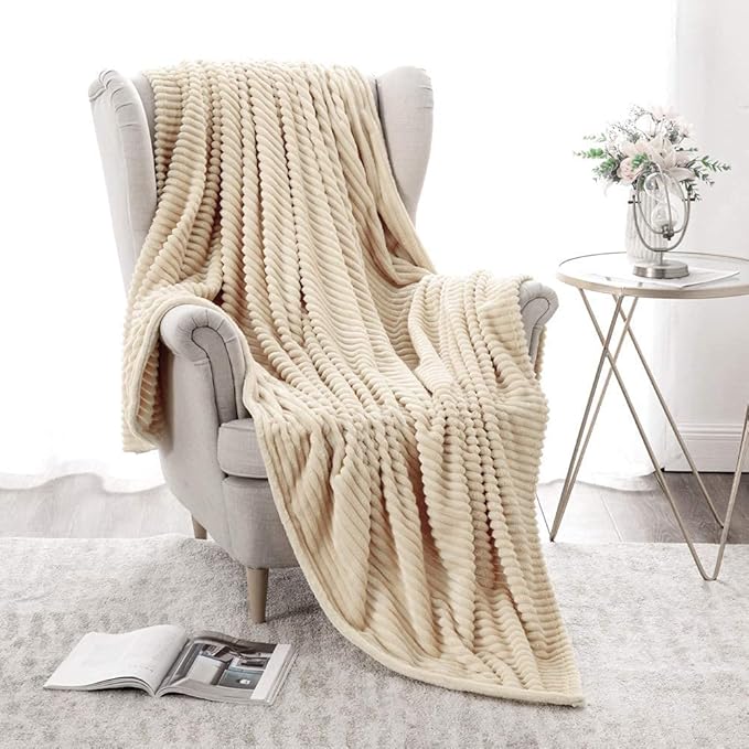 MIULEE Fleece Throw Blanket with Stripe Pattern Fuzzy Flannel Beige Blanket for Couch Plush Warm Cozy Bed Blanket Boho Decor for Bed Sofa Chair Throw Size 50"x60"