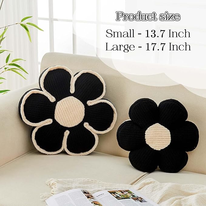 Kcvvcr Flower Pillow, Soft Flower Decorative Throw Pillow, Cute Daisy Flower Shaped Seating Floor Cushion Room Décor Plush Pillows for Sofa Couch Bed (17.7 Inch, Black)
