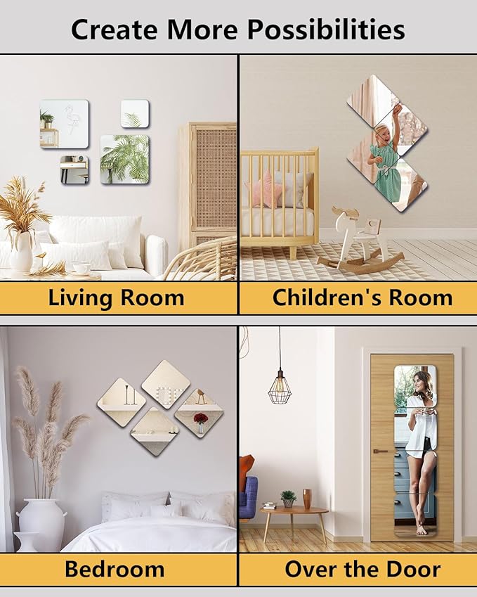 Unbreakable Mirror Tiles, 4PCS 12”x12” Peel and Stick on Mirror for Wall Mirrors Decorative, Toddlers for Kids Bedroom, Plastic Gym Frameless Door Small Adhesive Mirrors for Classroom Decor