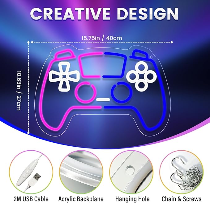 Gamer Neon Sign, Led Light for Gaming Room Wall Decor, Dimmable Neon Light for Boys Room Decor, Blue and Pink Light Up Signs for Man Cave & Bedroom, Gamer Gifts for Teens, Boys, Kids