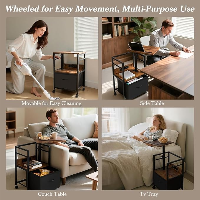 360° Swivel Nightstand with Height Adjustable, Lift Top Bedside Table with Charging Station, Rolling Night Stand with Fabric Drawer, End Table with Wheels, for Bedroom, Living Room, Brown Black