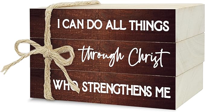 Decorative Books for Home Decor, Wood Book Stack for Table Decor, I Can Do All Things Through Christ Who Strengthens Me Decoration Books for Office Shelf, Farmhouse Stacked Books Decoration (L73)