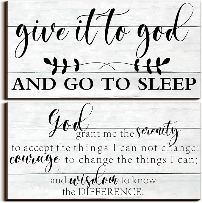 Chunful 2 Pcs Give It to God and Go to Sleep Sign Above Bed Wall Decor Serenity Prayer Sign Prayer Wall Art Rustic Farmhouse Vintage Bedroom Decor for Home(Simple Style)