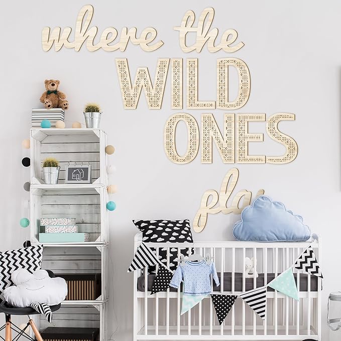 Where the Wild Ones Play Nursery Sign Wooden Playroom Wall Decor Playroom Decoration Word Play Room Sign for Wall Plaques(23 Inch,Wood Color)