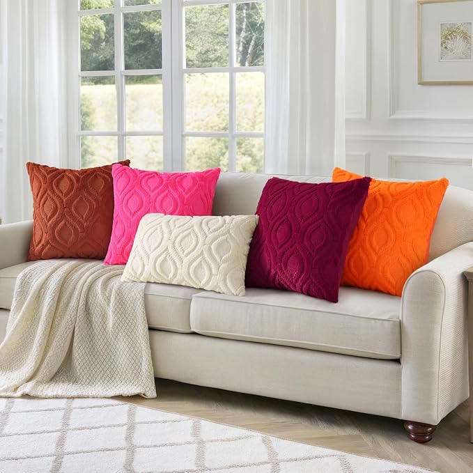 decorUhome Throw Pillow Covers 16x16 Inch Set of 2, Soft Plush Faux Wool Orange Solid Couch Pillow Covers, Accent Farmhouse Neutral Square Pillow Cases for Sofa Bed Living Room