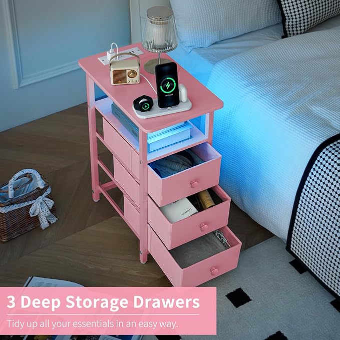 Yoobure End Table with Charging Station, Pink Narrow Nightstand LED Bedside Table, Small Night Stand End Tables Living Room, Skinny Nightstand with 3 Fabric Drawers, Side Table for Small Spaces