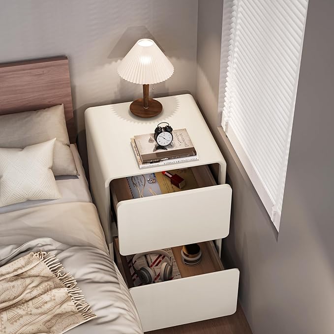 VICITON Modern Narrow Faux Leather Nightstand, Solid Wood Drawer, Storage Accent Table, Small Side End Table for Bedroom (Cream White, Large(15.8 inch))