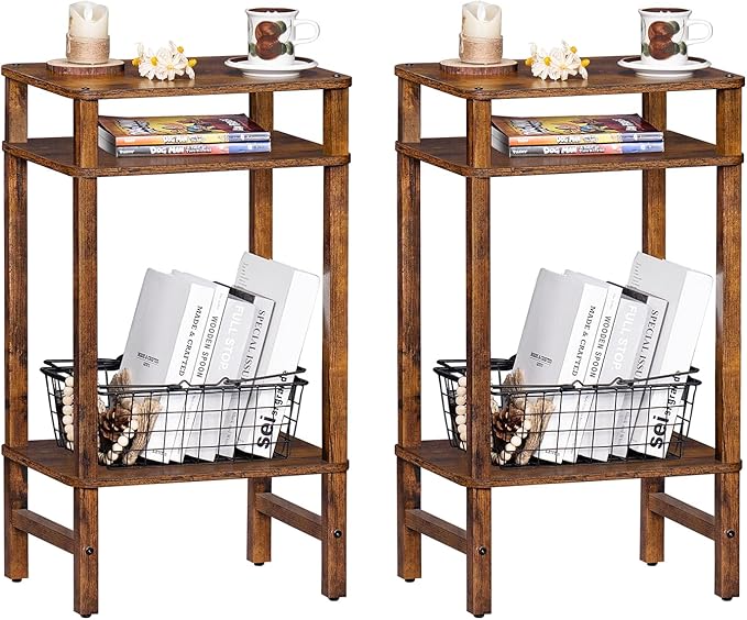 Side Table End Table Tall Night Stand 3-Tier 2 Pack for Living Room Bedroom Bathroom Office Furniture Brown