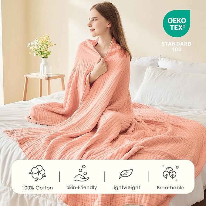 EMME Cotton Muslin Queen Blanket Bed Layering Bedspread Coverlet Breathable Gauze Soft Lightweight Adults (Pink,90"x90")
