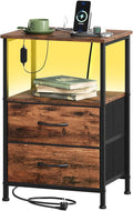 Somdot 2 Drawers Nightstand with Charging Station and LED Light for Bedroom, Small Dresser with Fabric Bins for Bedside Kids Dorm Room Closet Laundry Entryway, Wood Grain Print