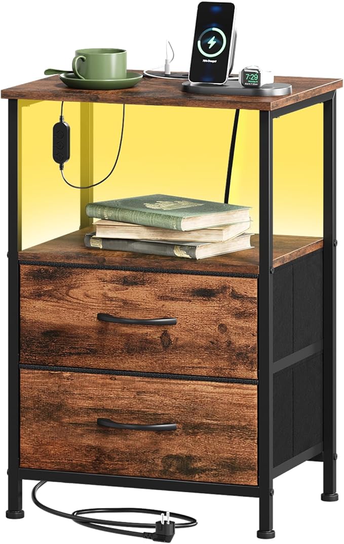 Somdot 2 Drawers Nightstand with Charging Station and LED Light for Bedroom, Small Dresser with Fabric Bins for Bedside Kids Dorm Room Closet Laundry Entryway, Wood Grain Print