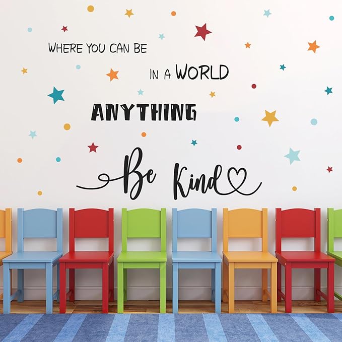 HLNIUC Be Kind Quotes Wall Sticker(35”x12”)In a World Where You Can Be Anything Art Decal,Motivational Sayings Star Wall Decals,Colorful Dots Inspirational Words Room Stickers for Kids Bedroom,Nursery