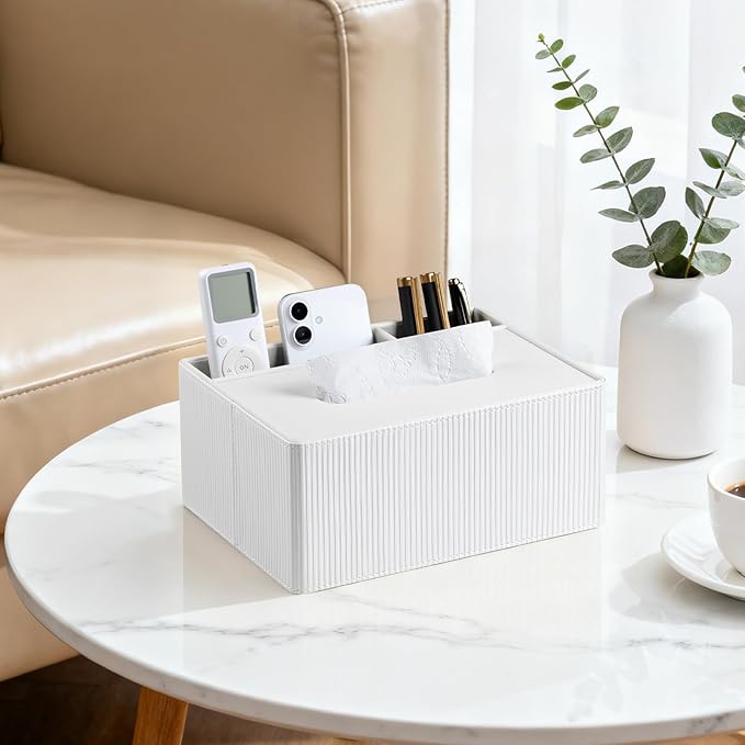 Tissue Box Cover Rectangle with 2 Compartments Remote Holder, PU Leather Tissue Box Holder Rectangle for Livingroom NightStand, Tissue Holder for 120(3-Ply)/160(2-Ply) Tissue Box (Ivory)