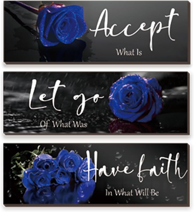 ZINYAZHE 3 Pcs Blue Wall Decor Inspirational Blue Rose Bathroom Wooden Wall Art Office Decor With Accept Let Go Have Faith Quotes For Girl Women Bathroom Bedroom(16 X 5Inch)