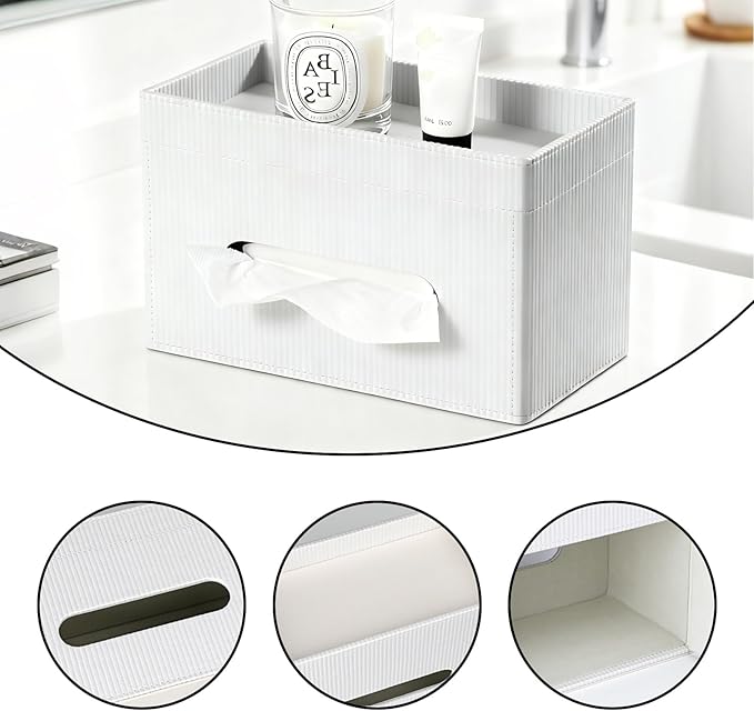 Rectangular Tissue Box Holder with Storage Tray - Large PU Leather Tissue Box Cover, White, Suitable for Bathroom, Nightstand, Office