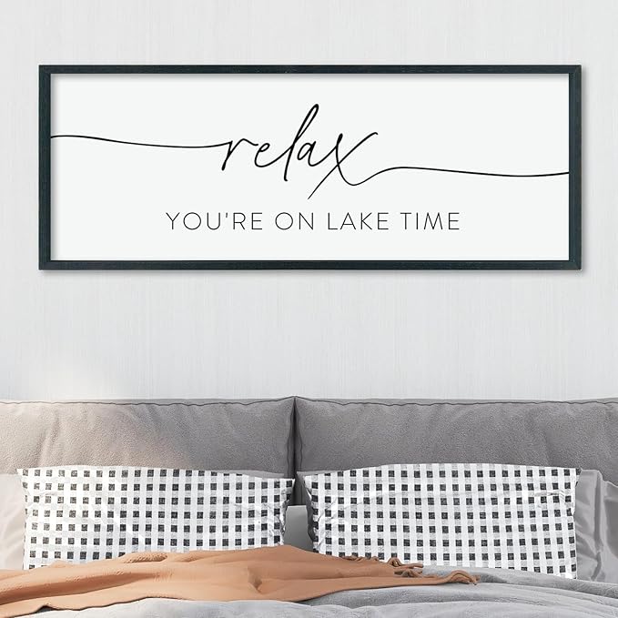 LuZhiQiang Home Wall Decor Relax You're On Lake Time Sign 40"×15" Living Room Minimalist Plaque for Lake House Bedroom Large Wood Framed Hanging Wall Art (Black)
