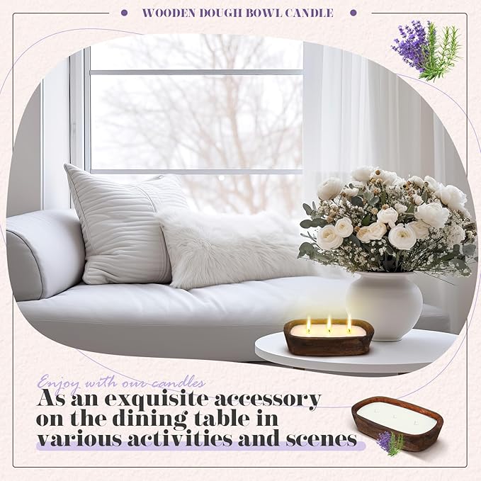 Threlaco 1 Pack 10 Inch Wood Dough Bowl Candles Home Rustic Dough Bowl Soy Candle 3 Wick Scented Candles Gifts for Men Women Farmhouse Table Centerpiece Home Decor for Christmas(Lavender)