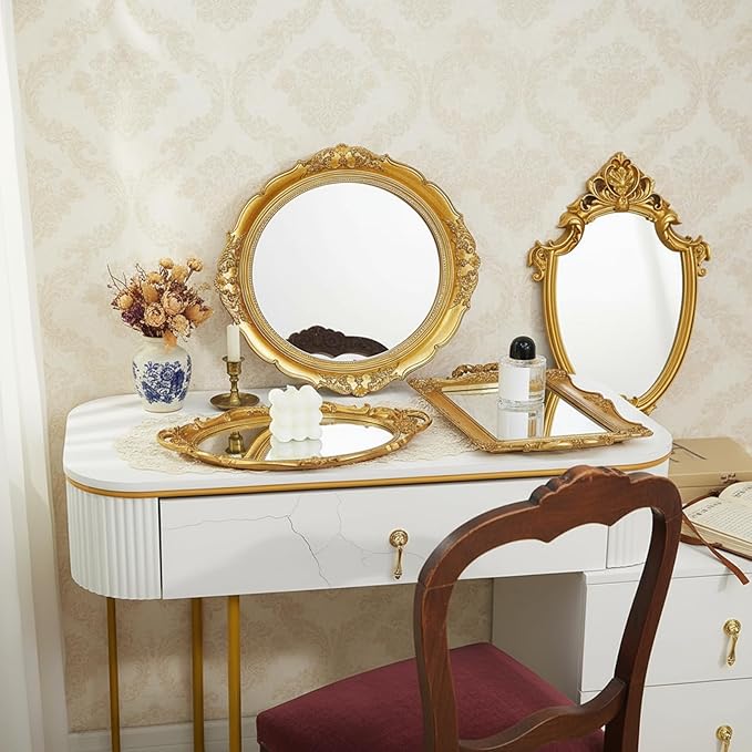 6 Pcs Vintage Gold Mirrors Set Including Small Oval Wall Mirror Antique Shield Shape Square Decorative Mirror Dresser Mirrored Tray for Bedroom Wedding Victorian Decor (Classic,Gold)
