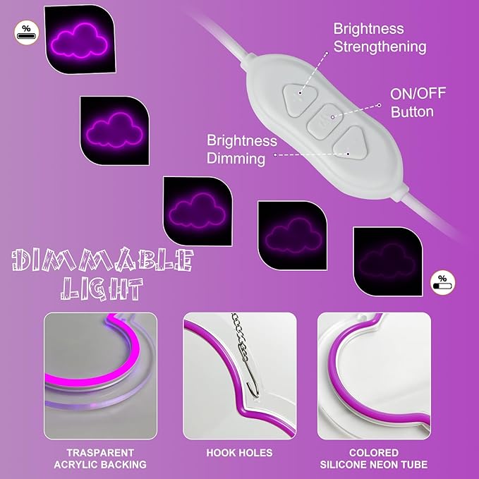 Cloud Neon Sign Cute Purple Clouds LED Light Sign for Wall,13 * 7.9in Dimmable USB Floating Clouds Light Up Sign for Living Room Kid Bedroom Nursery Birthday Christmas Wedding Party decor