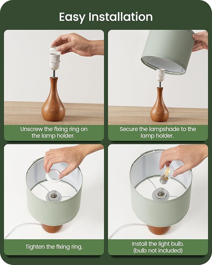 Green Table Lamp, 14.2" Small Bedside Lamp, Wood Table Lamp with Green Linen Lampshade & Dark Wood Base, Modern Nightstand Lamp for Bedroom, E26 Base, Bulb Not Included, LJ09TL05